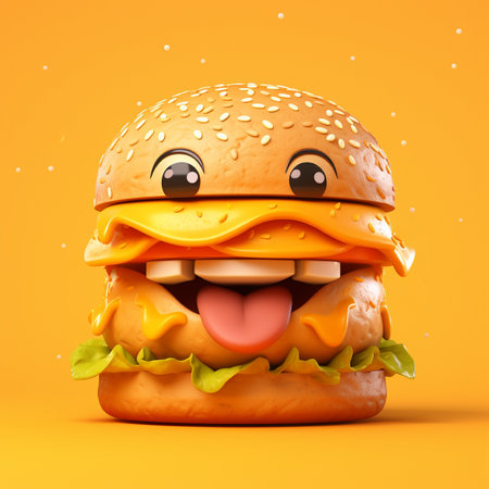 3D style design of burger in yellow backgroundの素材