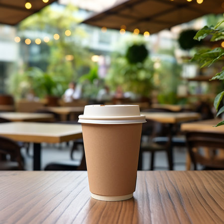 Brown Paper Coffee Cup, On a Wooden Table, with blur background of cafe, hyper realistic, suitable for making mockupの素材