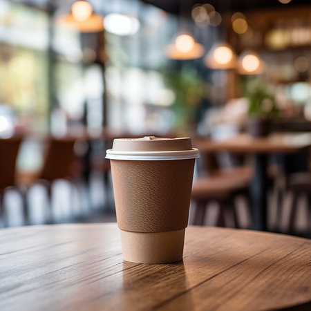 Brown Paper Coffee Cup, On a Wooden Table, with blur background of cafe, hyper realistic, suitable for making mockupの素材