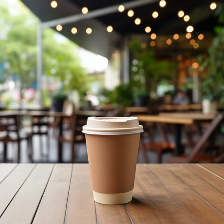 Brown Paper Coffee Cup, On a Wooden Table, with blur background of cafe, hyper realistic, suitable for making mockupの素材