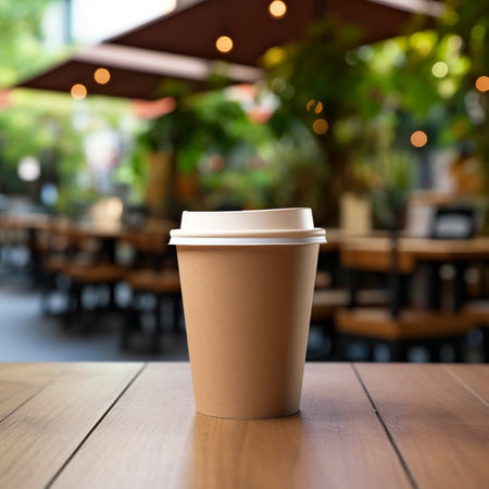 Brown Paper Coffee Cup, On a Wooden Table, with blur background of cafe, hyper realistic, suitable for making mockupの素材