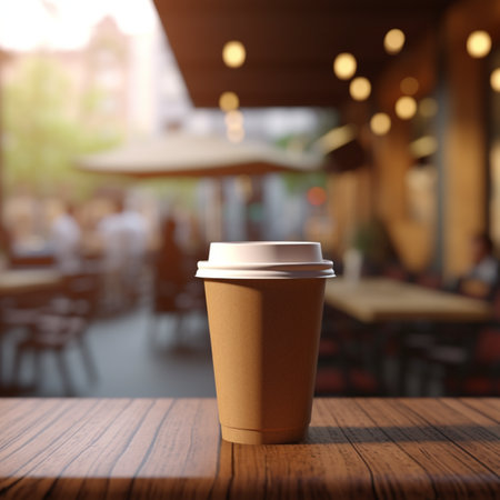 Brown Paper Coffee Cup, On a Wooden Table, with blur background of cafe, hyper realistic, suitable for making mockupの素材
