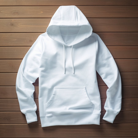 Blank white hoodie lying on the table, photographed from above, suitable for making mockupの素材