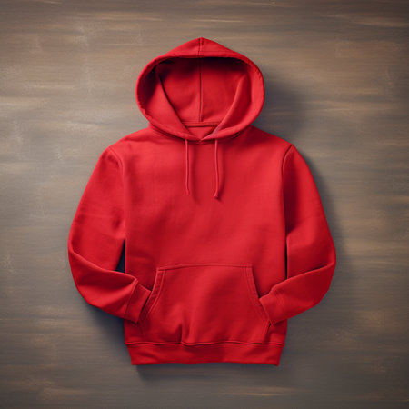 Blank red hoodie lying on the table, photographed from above, suitable for making mockupの素材