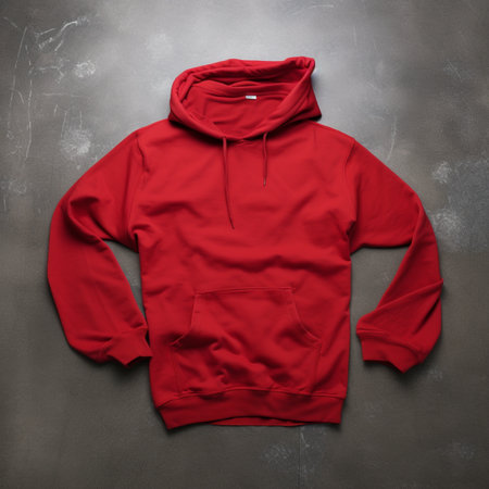Blank red hoodie lying on the table, photographed from above, suitable for making mockupの素材