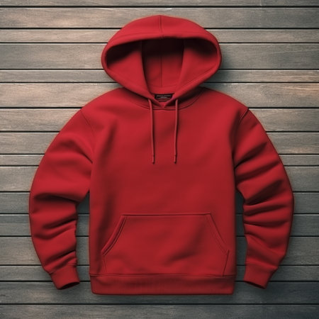 Blank red hoodie lying on the table, photographed from above, suitable for making mockupの素材