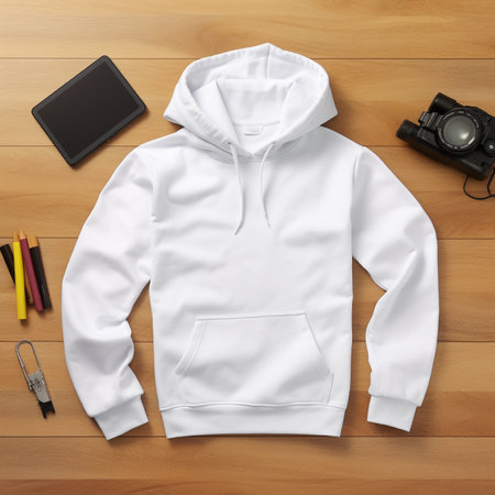 Blank white hoodie lying on the table, photographed from above, suitable for making mockupの素材
