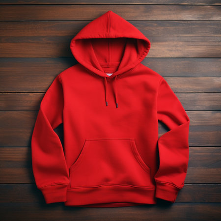 Blank red hoodie lying on the table, photographed from above, suitable for making mockupの素材
