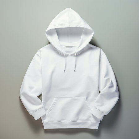 Blank white hoodie lying on the table, photographed from above, suitable for making mockupの素材