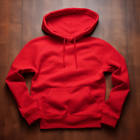 Blank red hoodie lying on the table, photographed from above, suitable for making mockupの素材