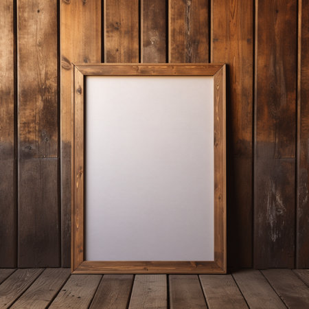 Real photo of blank wood frame hung on the walls, hyper realistic, suitable to create a mockupの素材