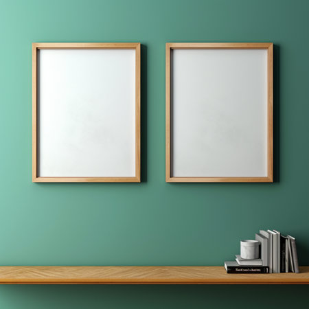Real photo of blank wood frame hung on the walls, hyper realistic, suitable to create a mockupの素材