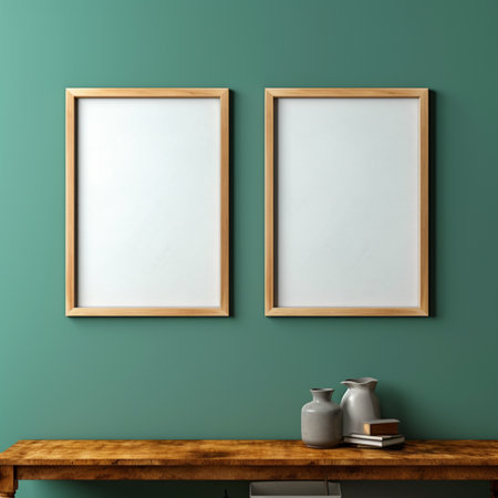 Real photo of blank wood frame hung on the walls, hyper realistic, suitable to create a mockupの素材
