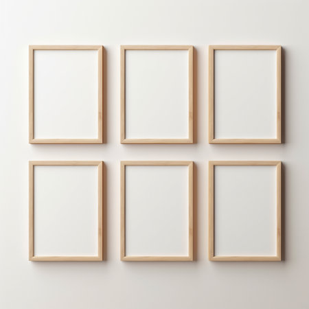 Real photo of white blank wood frame hung on the walls, hyper realistic, suitable to create a mockupの素材