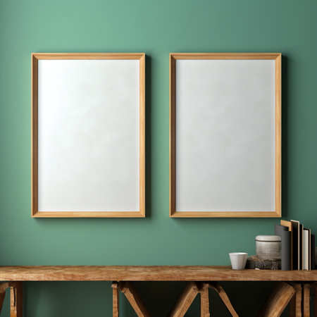 Real photo of blank wood frame hung on the walls, hyper realistic, suitable to create a mockupの素材