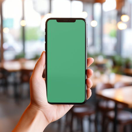 Women hand holding smart phone with the screen is blank plain bright green, blur cafe background, suitable to create mockupの素材