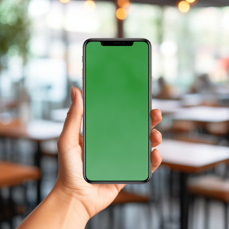 Women hand holding smart phone with the screen is blank plain bright green, blur cafe background, suitable to create mockupの素材