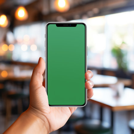 Women hand holding smart phone with the screen is blank plain bright green, blur cafe background, suitable to create mockupの素材
