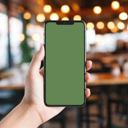 Women hand holding smart phone with the screen is blank plain bright green, blur cafe background, suitable to create mockupの素材