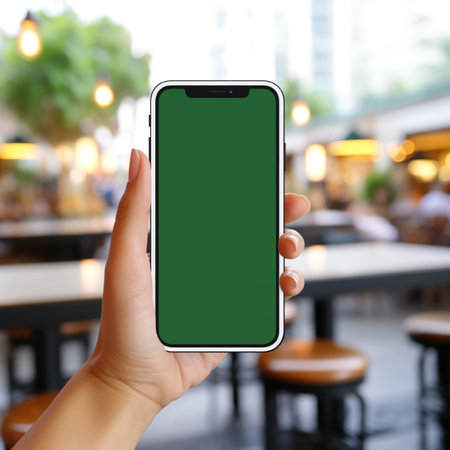Women hand holding smart phone with the screen is blank plain bright green, blur cafe background, suitable to create mockupの素材