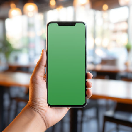 Women hand holding smart phone with the screen is blank plain bright green, blur cafe background, suitable to create mockupの素材