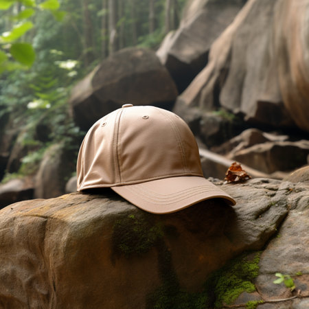 A baseball cap on a rock in the forest. Selective focus.の素材