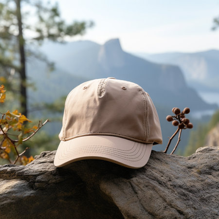 Baseball cap on a rock in the mountains. View from the top.の素材
