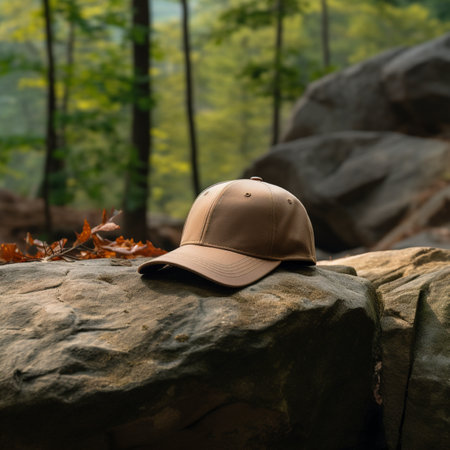 A baseball cap on a rock in the forest. Selective focus.の素材