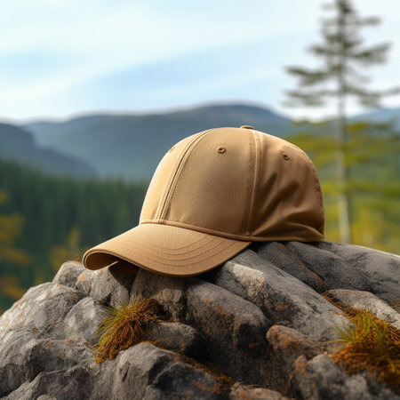 Baseball cap on a rock in the mountains. Selective focus.の素材