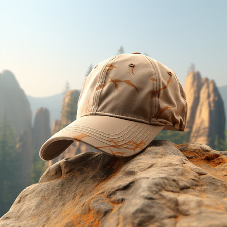 Baseball cap on top of a rock in the sandstone mountainsの素材