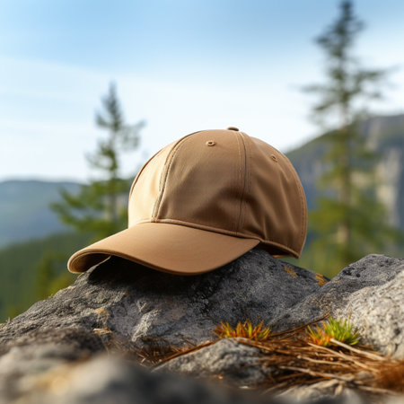 Baseball cap on a rock in the mountains. Focus on cap.の素材