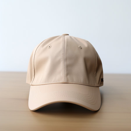 Baseball cap on wood table and white wall background, side viewの素材