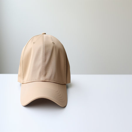 Baseball cap on white table and grey wall background. Copy space.の素材