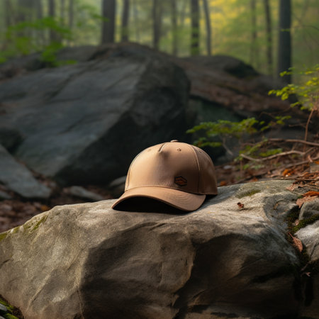 A baseball cap on a rock in the forest. Selective focus.の素材