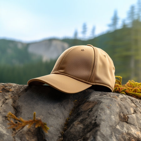 A baseball cap on a stone in the mountains. Back view.の素材