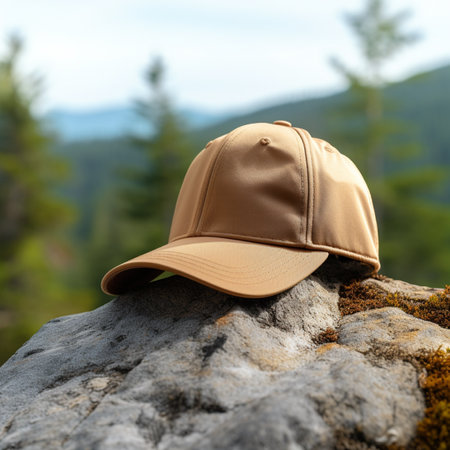 A baseball cap on a rock in the mountains. Selective focus.の素材