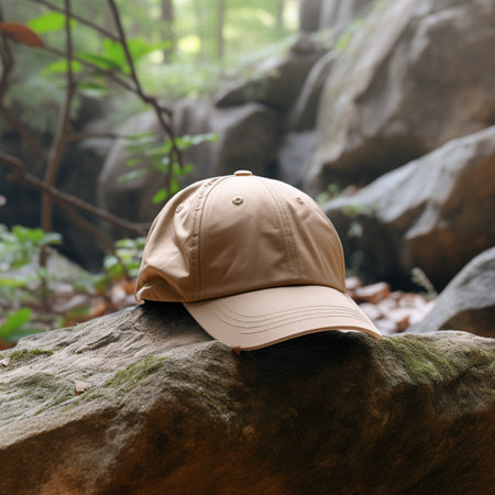 Baseball cap on the rock with natural background in the forest.の素材