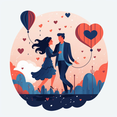 Couple in love with balloons in the shape of a heart. Vector illustrationの素材