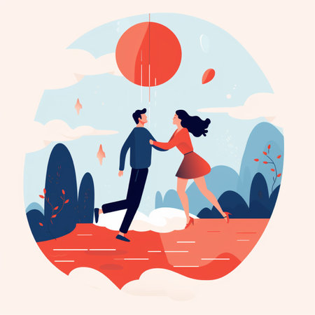 Couple in love dancing on the beach. Vector illustration in flat styleの素材