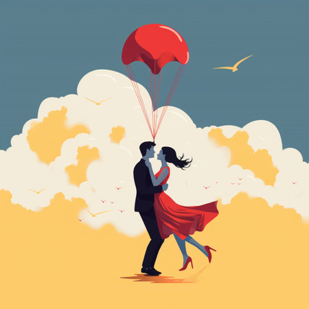 Couple in love flying on a red parachute. Vector illustration.の素材