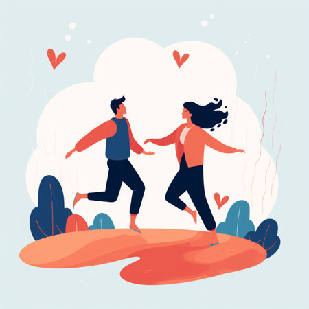 Romantic couple in love running together in the park. Flat vector illustration.の素材