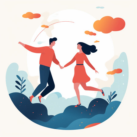 Happy Couple in Love, Young Man and Woman Holding Hands, Hugging and Embracing, Walking on Sunny Landscape. Vector Illustrationの素材