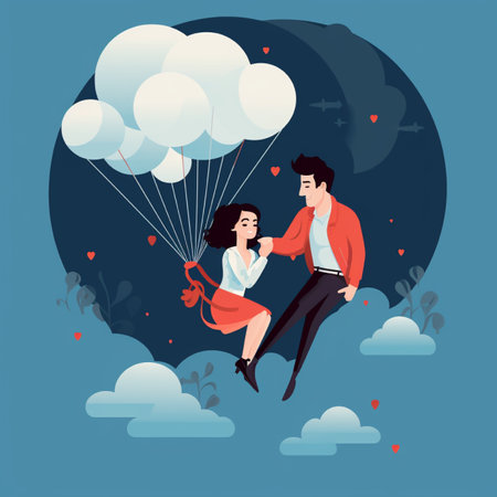 Couple in love flying on a parachute. Vector illustration in flat styleの素材