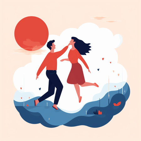 Couple in love running on the beach. Vector flat illustration.の素材