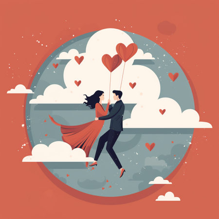 Couple in love flying in the sky with hearts. Vector illustrationの素材