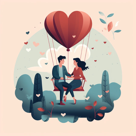 Romantic couple in love sitting on a swing with a hot air balloon in the shape of a heart. Vector illustration.の素材