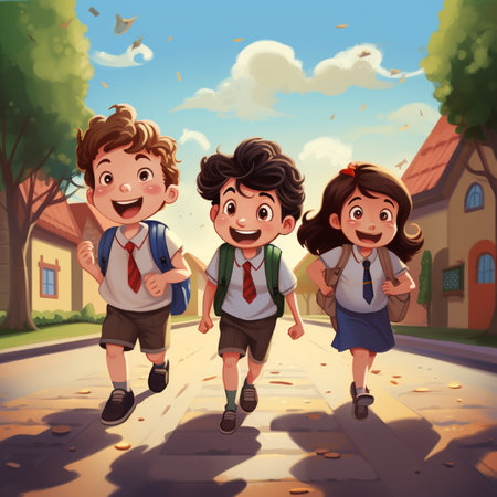 Happy kids going to school in the street. Vector cartoon illustration.の素材