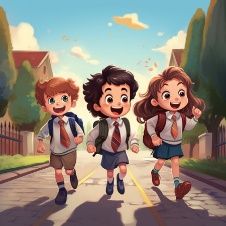 Happy school kids running to school. Vector illustration in cartoon style.の素材