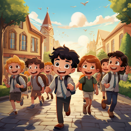 Group of school kids walking in the street. Vector cartoon illustration.の素材
