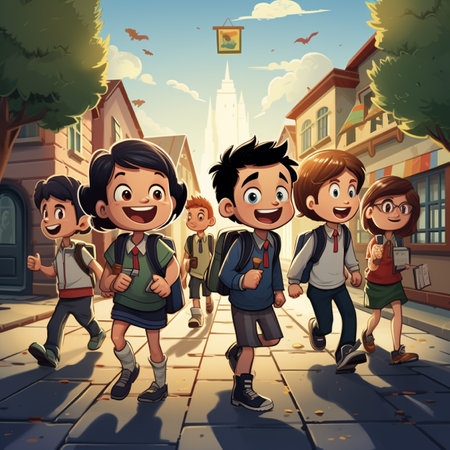 Group of kids walking in the city. Cartoon style. Vector illustration.の素材